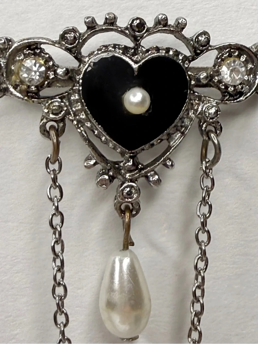 Vintage Signed Florenza Victorian Revival Mourning Heart Brooch Black Enamel